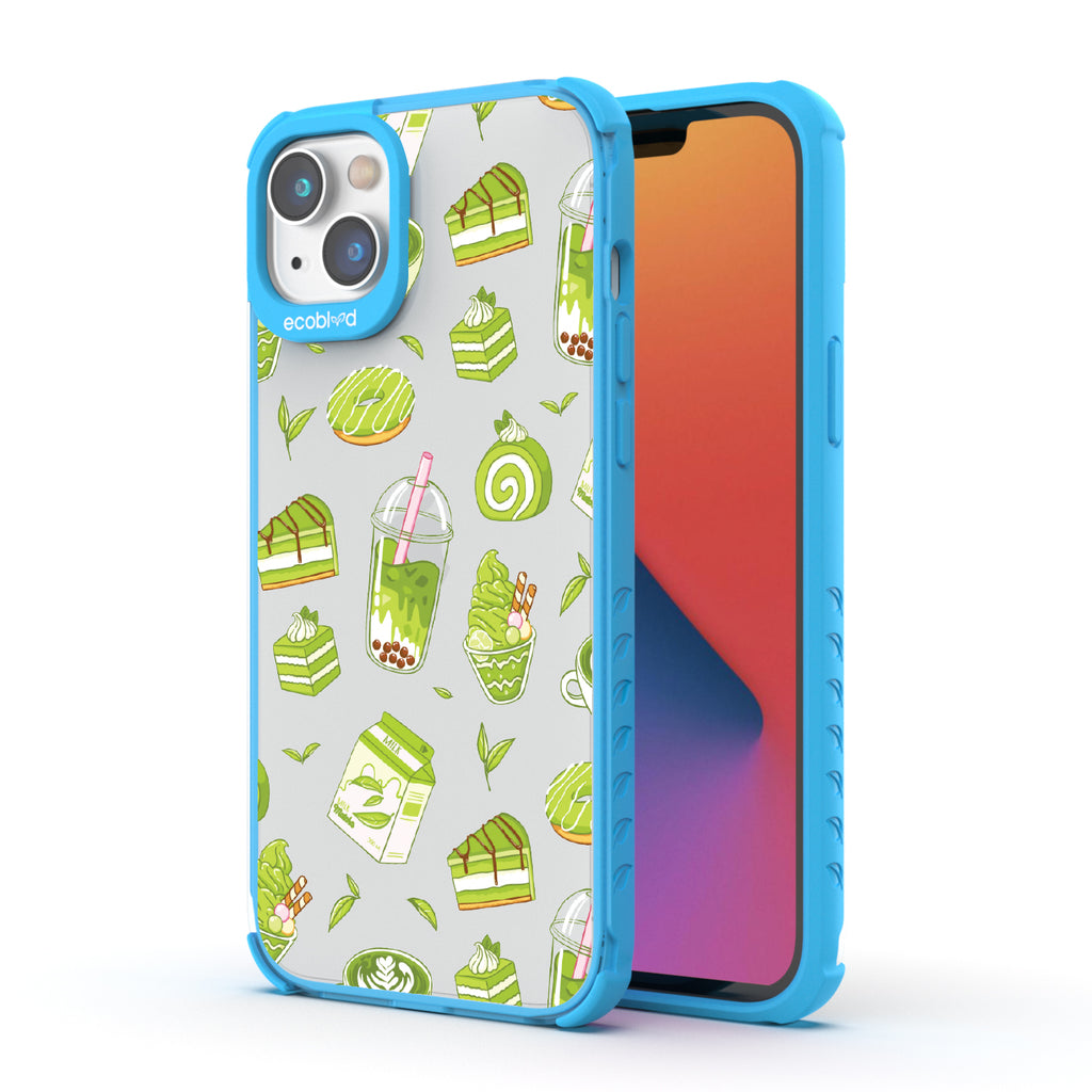Front and back view of iPhone 14 Plus case, clear compostable phone case with blue ridges, So Matcha More design