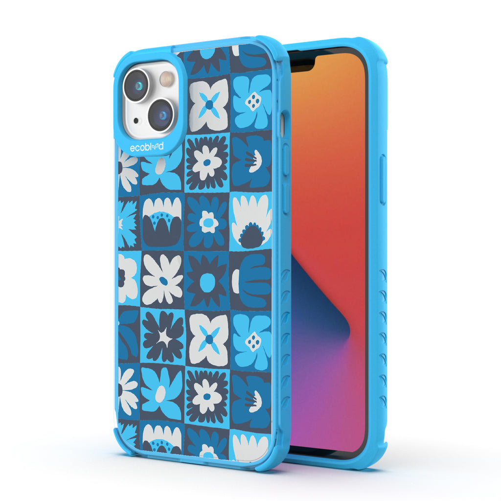Paradise Blooms - Back View Of Blue & Clear Eco-Friendly iPhone 14 Case & A Front View Of The Screen