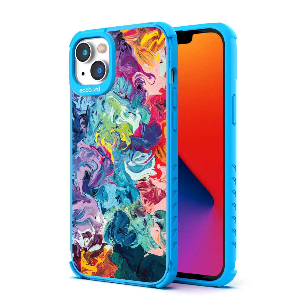 Back View Of Blue Eco-Friendly iPhone 14 Clear Case With Give It A Swirl Design & Front View Of Screen