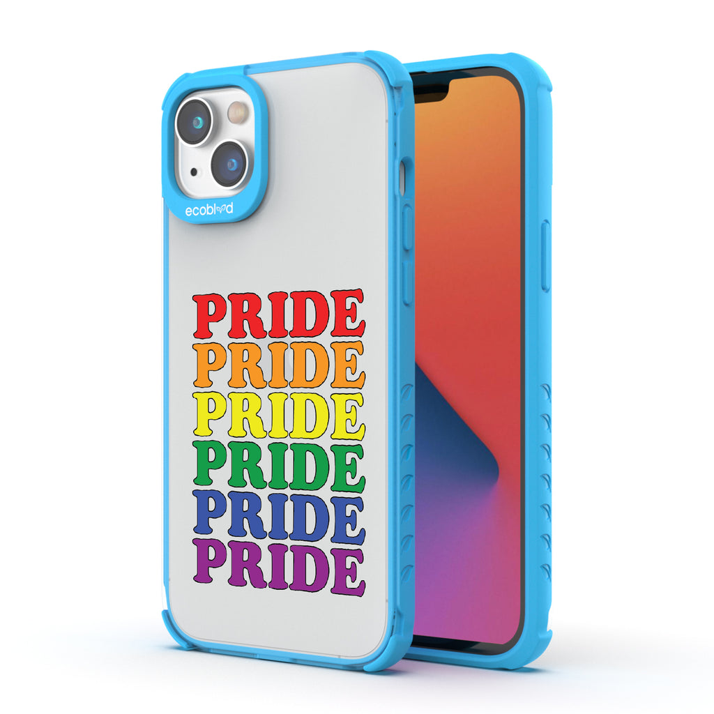 Pride Camp - Back View Of Blue & Clear Eco-Friendly iPhone 14 Case & A Front View Of The Screen