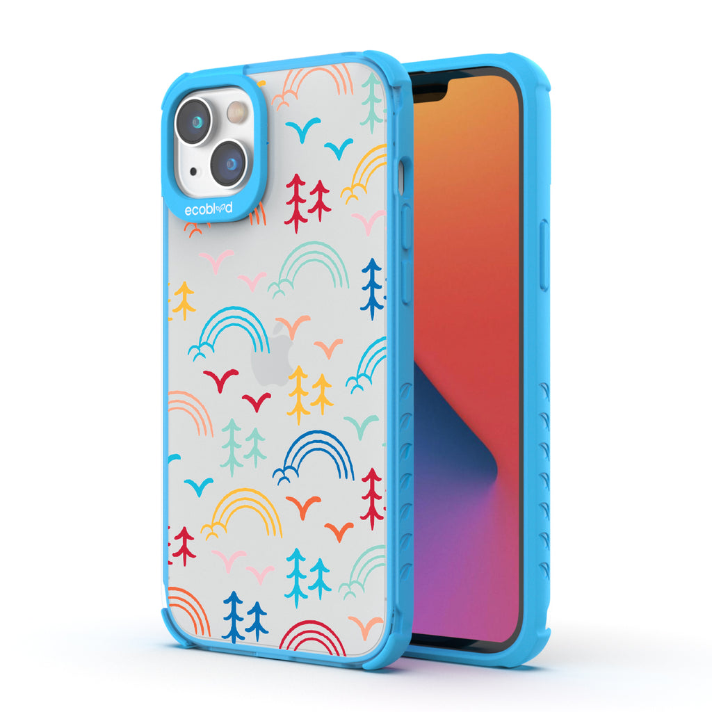 Happy Camper X Brave Trails  - Back View Of Blue & Clear Eco-Friendly iPhone 14 Case & A Front View Of The Screen