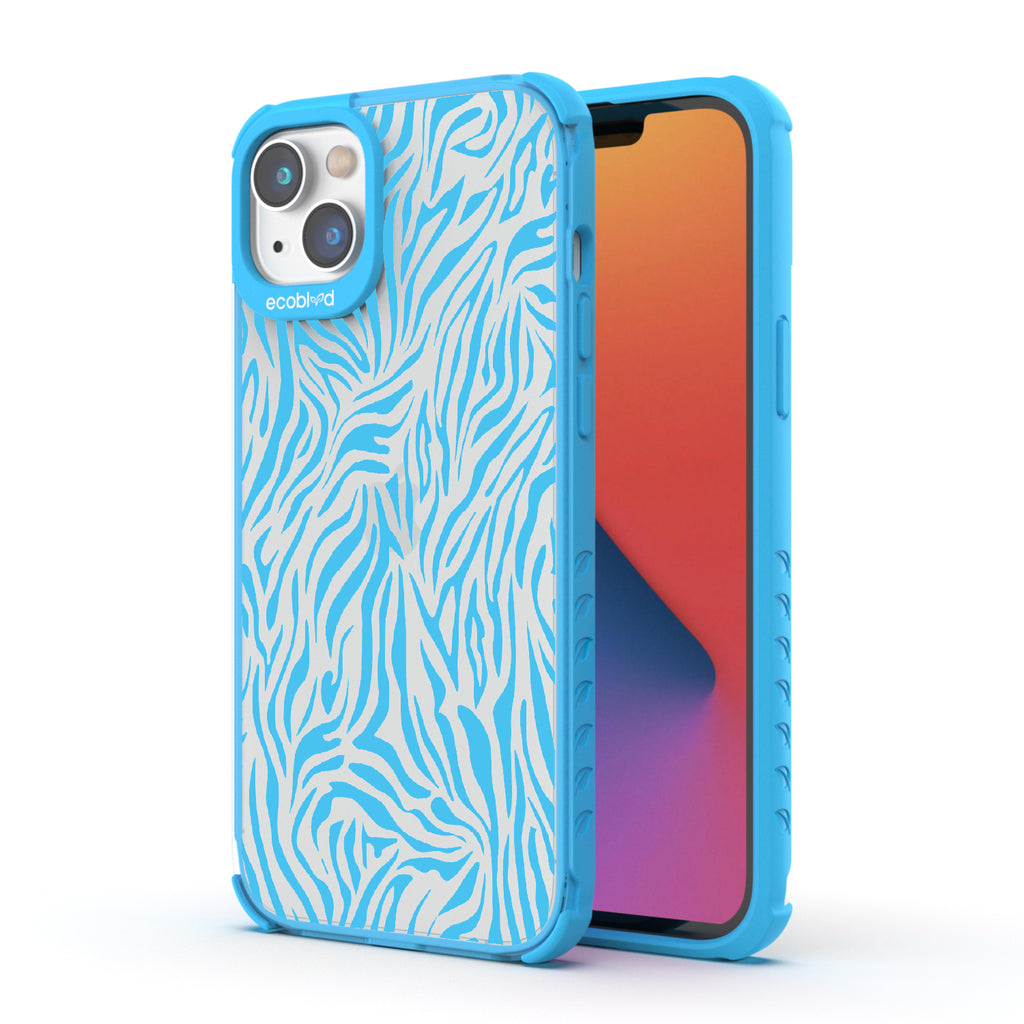 Zebra Print - Back View Of Blue & Clear Eco-Friendly iPhone 14 Plus Case & A Front View Of The Screen