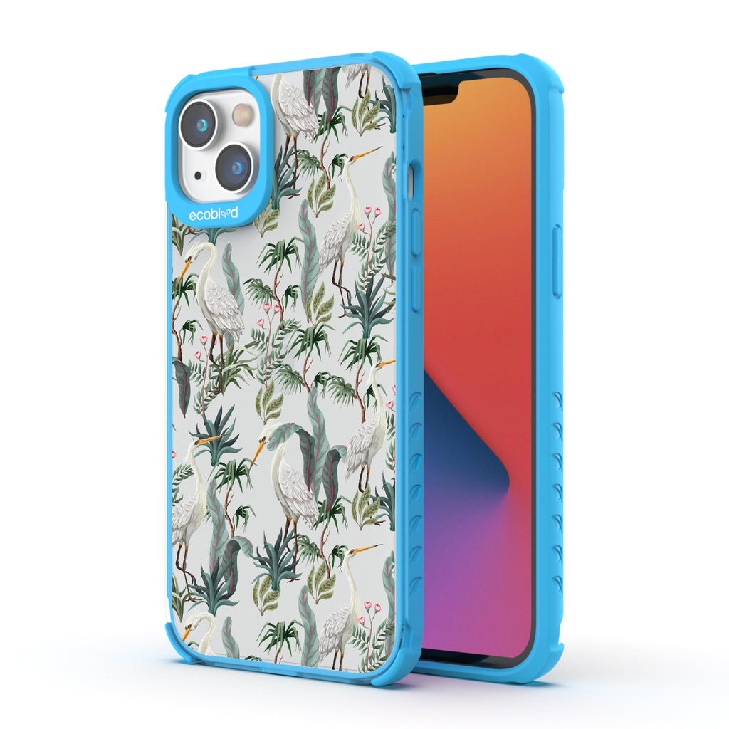 Flock Together - Back View Of Blue & Clear Eco-Friendly iPhone 14 Plus Case & A Front View Of The Screen