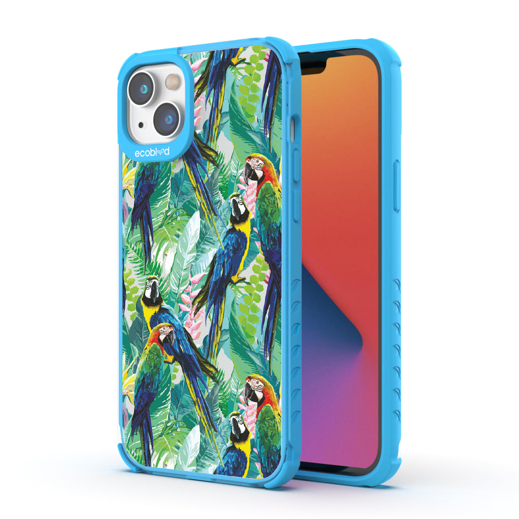 Macaw Medley - Back View Of Blue & Clear Eco-Friendly iPhone 14 Plus Case & A Front View Of The Screen