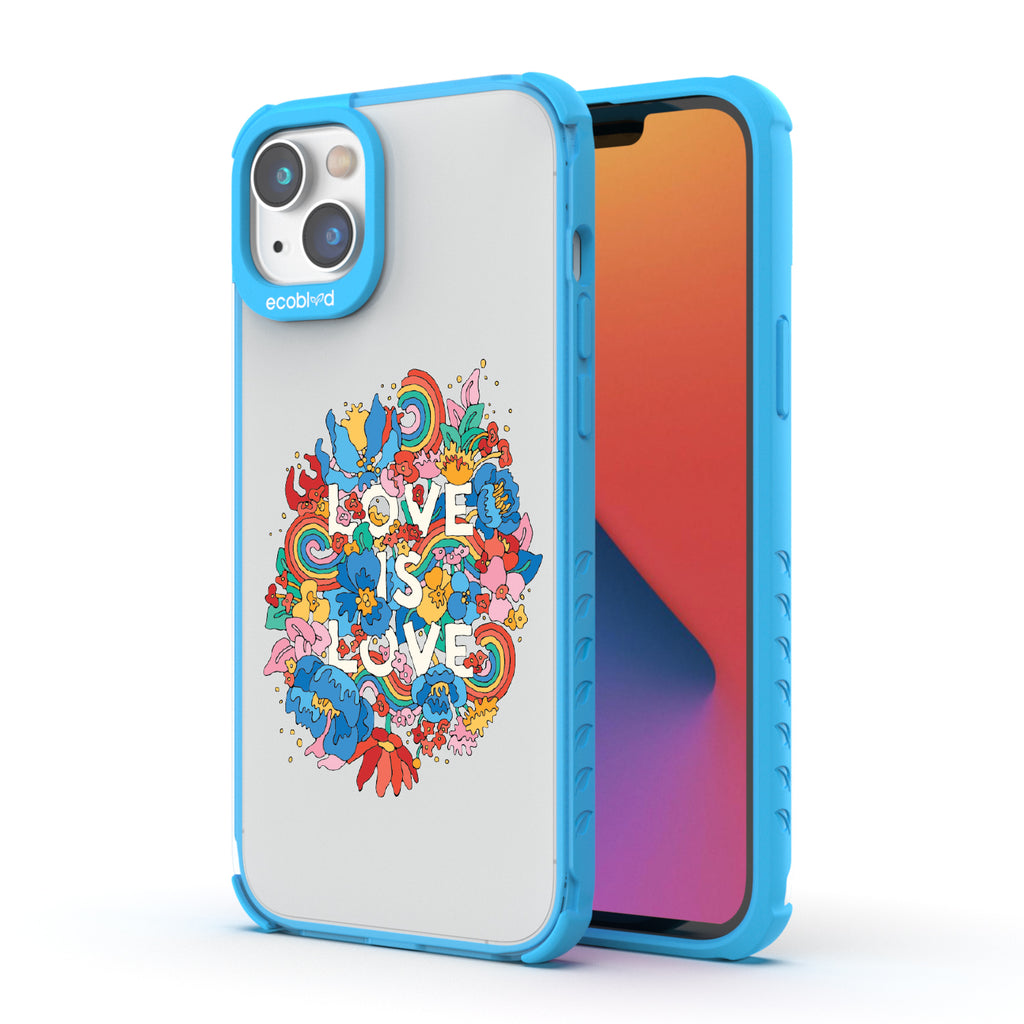 Ever-Blooming Love - Back View Of Blue & Clear Eco-Friendly iPhone 14 Case & A Front View Of The Screen