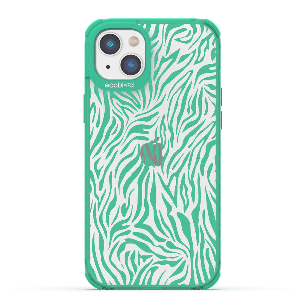 Zebra Print - Green Eco-Friendly iPhone 14 Case With Green Zebra Print On A Clear Back