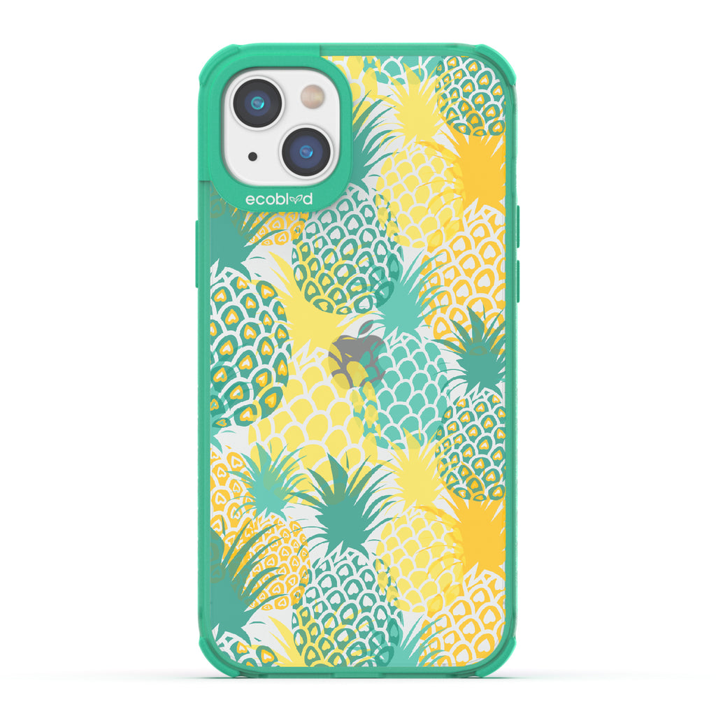 Pineapple Breeze - Green Eco-Friendly iPhone 14 Case With Tropical Colored Pineapples On A Clear Back