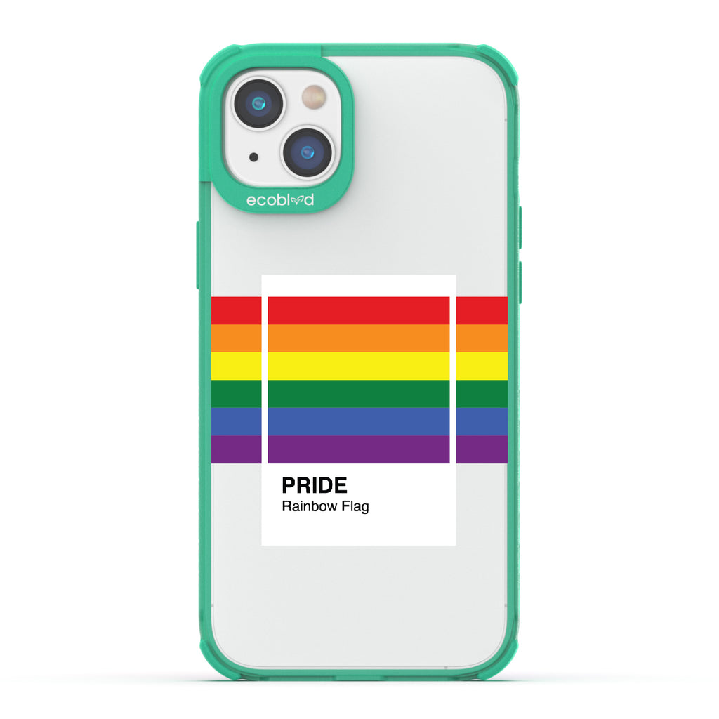 Colors Of Unity - Green Eco-Friendly iPhone 14 Case With Pride Rainbow Flag As Pantone Swatch On A Clear Back