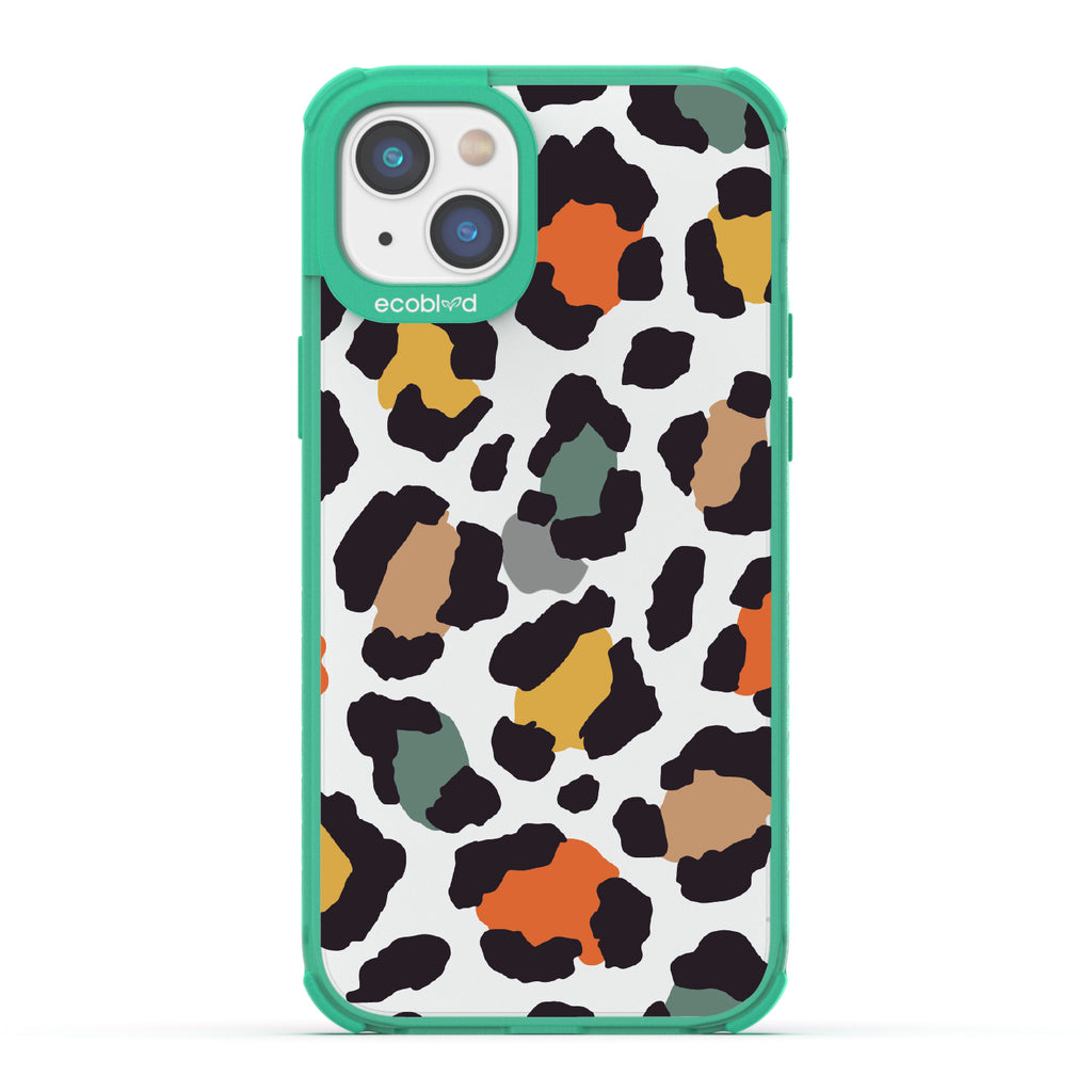 Cheetahlicious - Green Eco-Friendly iPhone 14 Plus Case With Multi-Colored Cheetah Print On A Clear Back