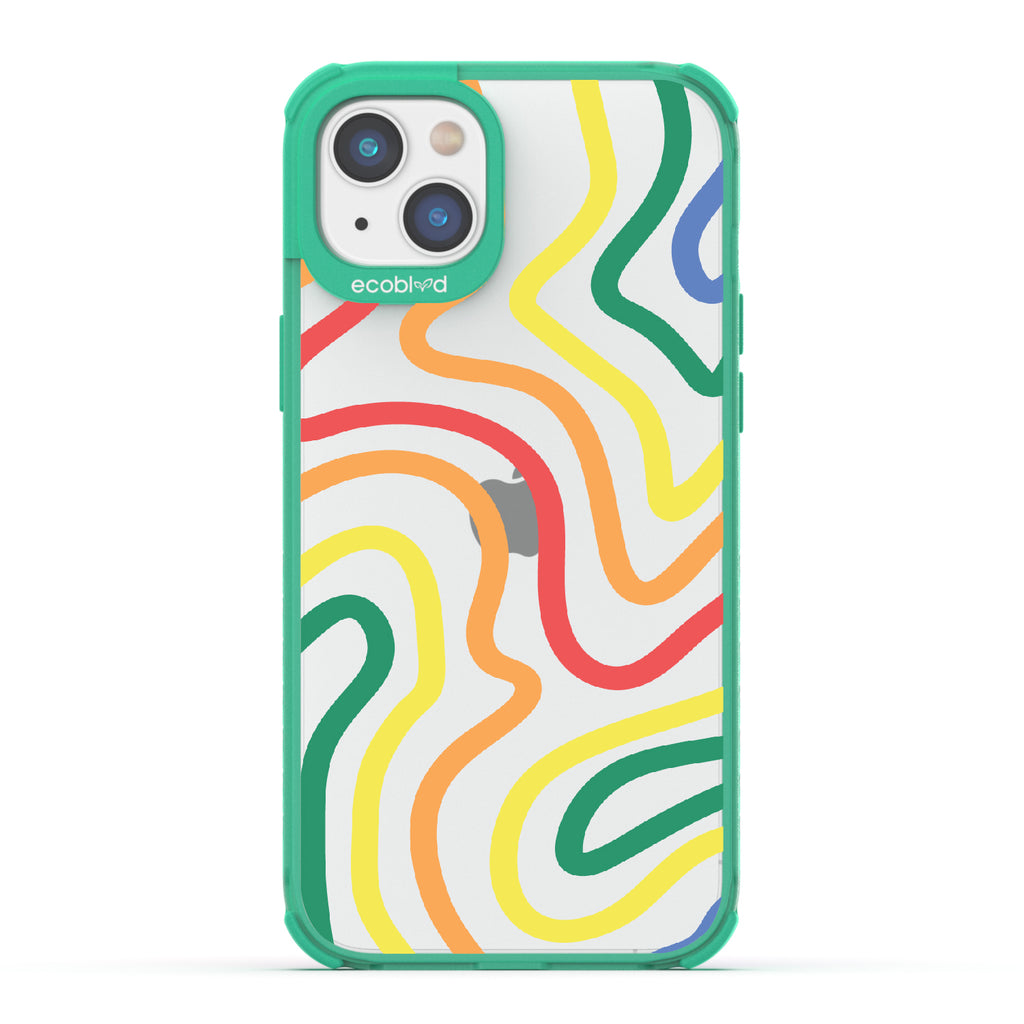 True Colors - Green Eco-Friendly iPhone 14 Case With Abstract Lines In Different Colors Of The Rainbow On A Clear Back