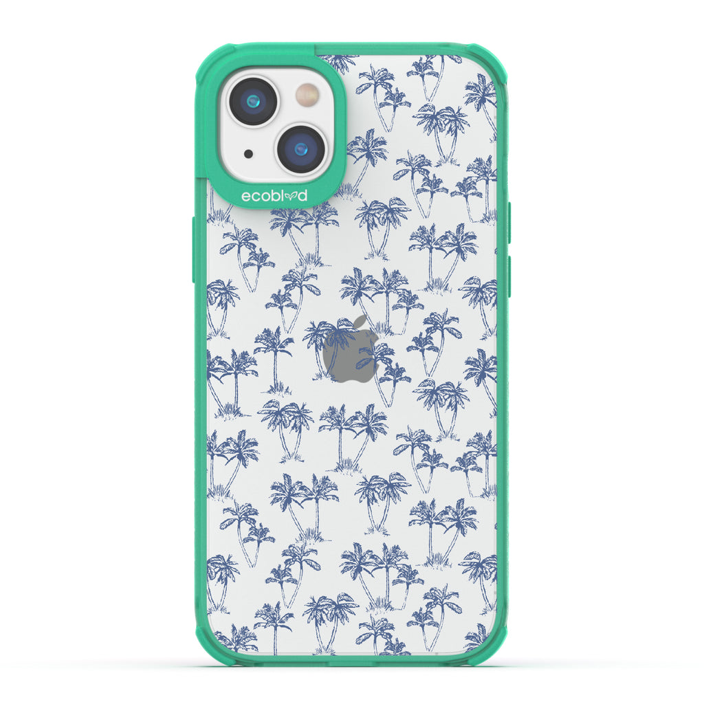 Endless Summer - Green Eco-Friendly iPhone 14 Case With 50's-Style Blue Palm Trees Print On A Clear Back