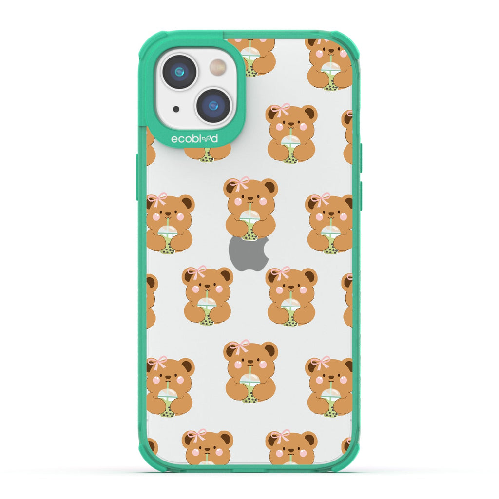 iPhone 16e, 14, 13 case, clear eco-friendly phone case with green ridges, back view, Bear-ista Approved design