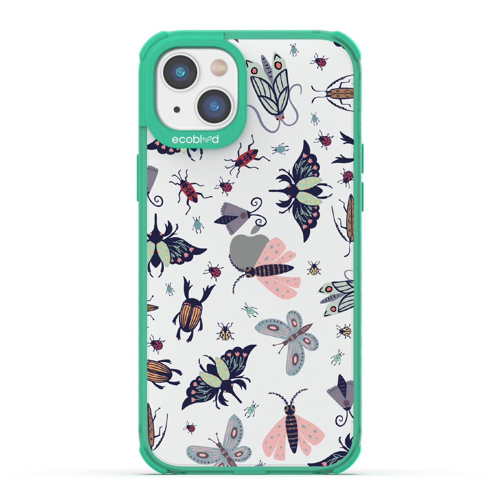 Bug Out - Green Eco-Friendly iPhone 14 Plus Case With Butterflies, Moths, Dragonflies, And Beetles On A Clear Back