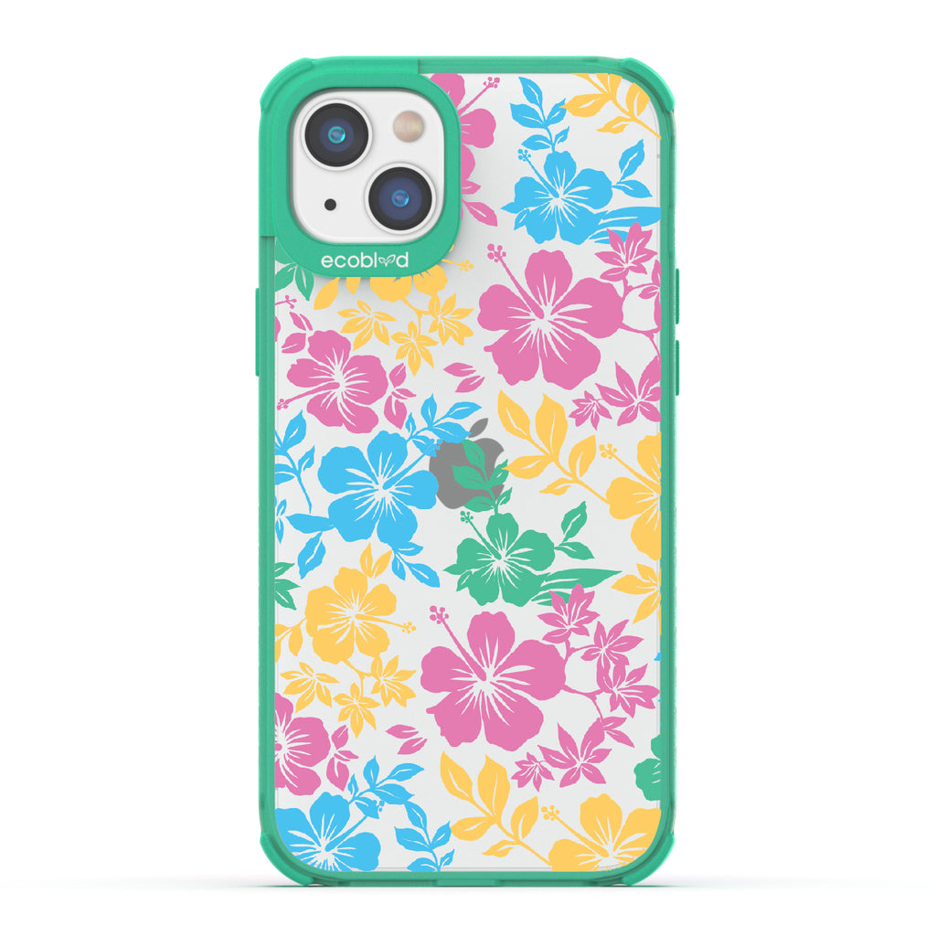 Lei'd Back - Green Eco-Friendly iPhone 14 Plus Case With Colorful Hawaiian Hibiscus Floral Print On A Clear Back