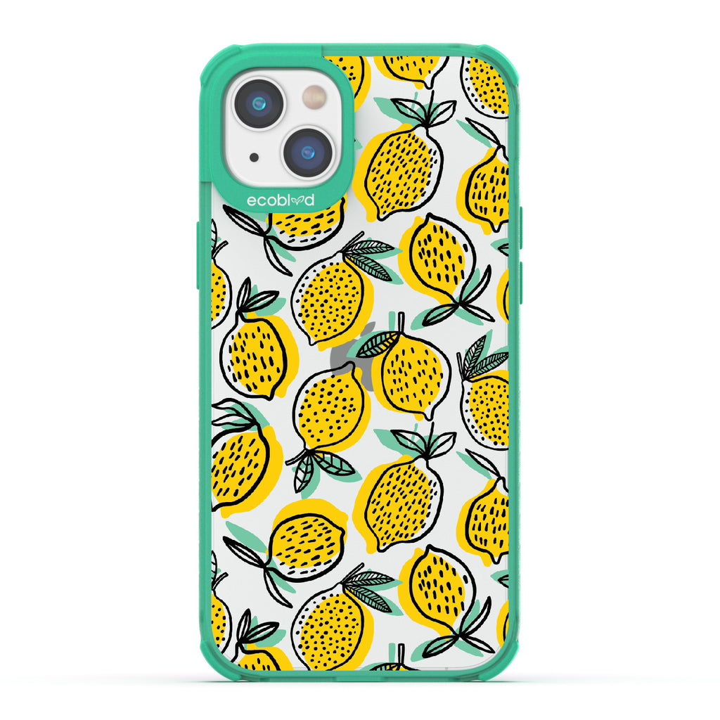 Lemon Drop - Green Eco-Friendly iPhone 14 Plus Case With Retro Lemon Print On A Clear Back