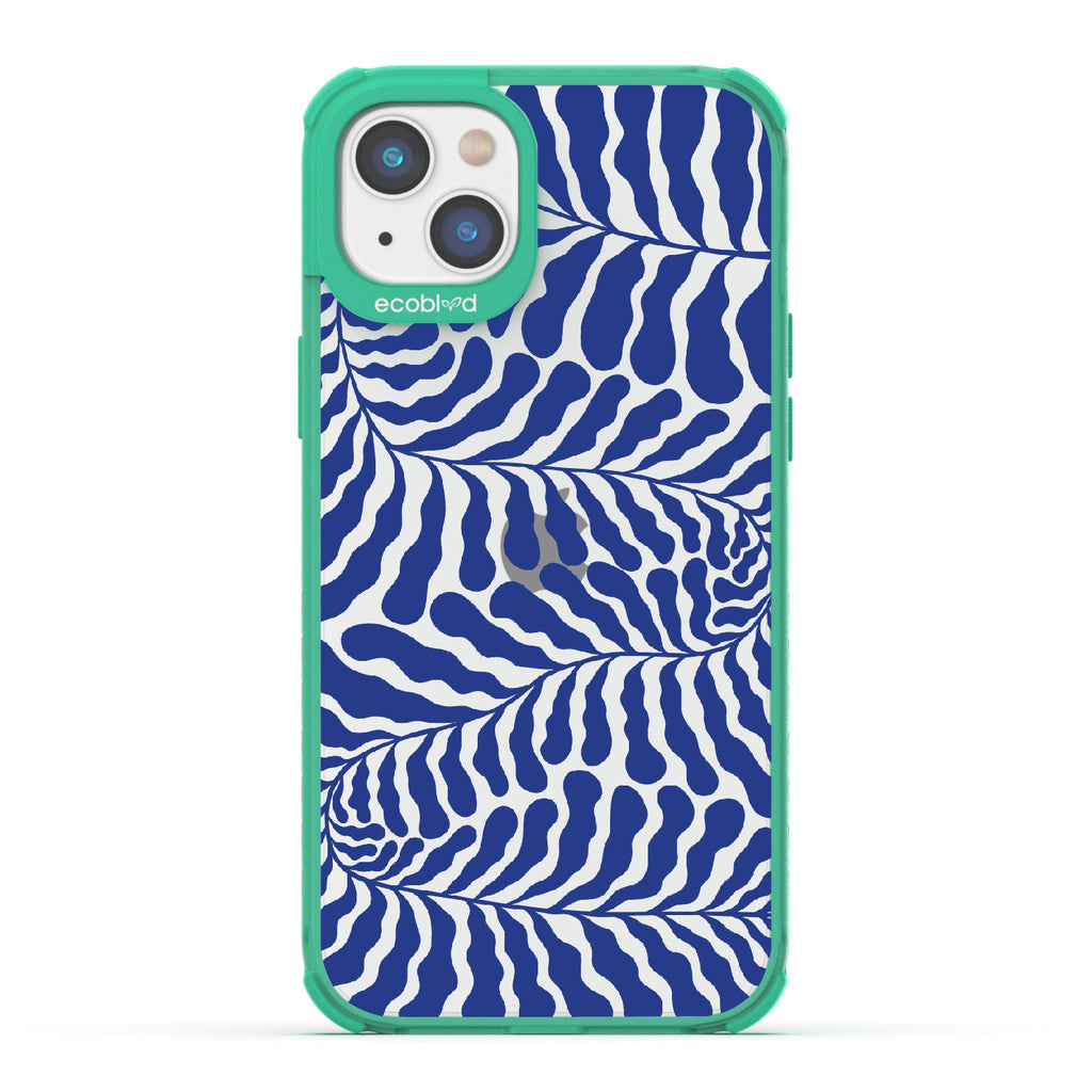 Blue Lagoon - Green Eco-Friendly iPhone 14 Case With Abstract Tropical Blue Seaweed On A Clear Back