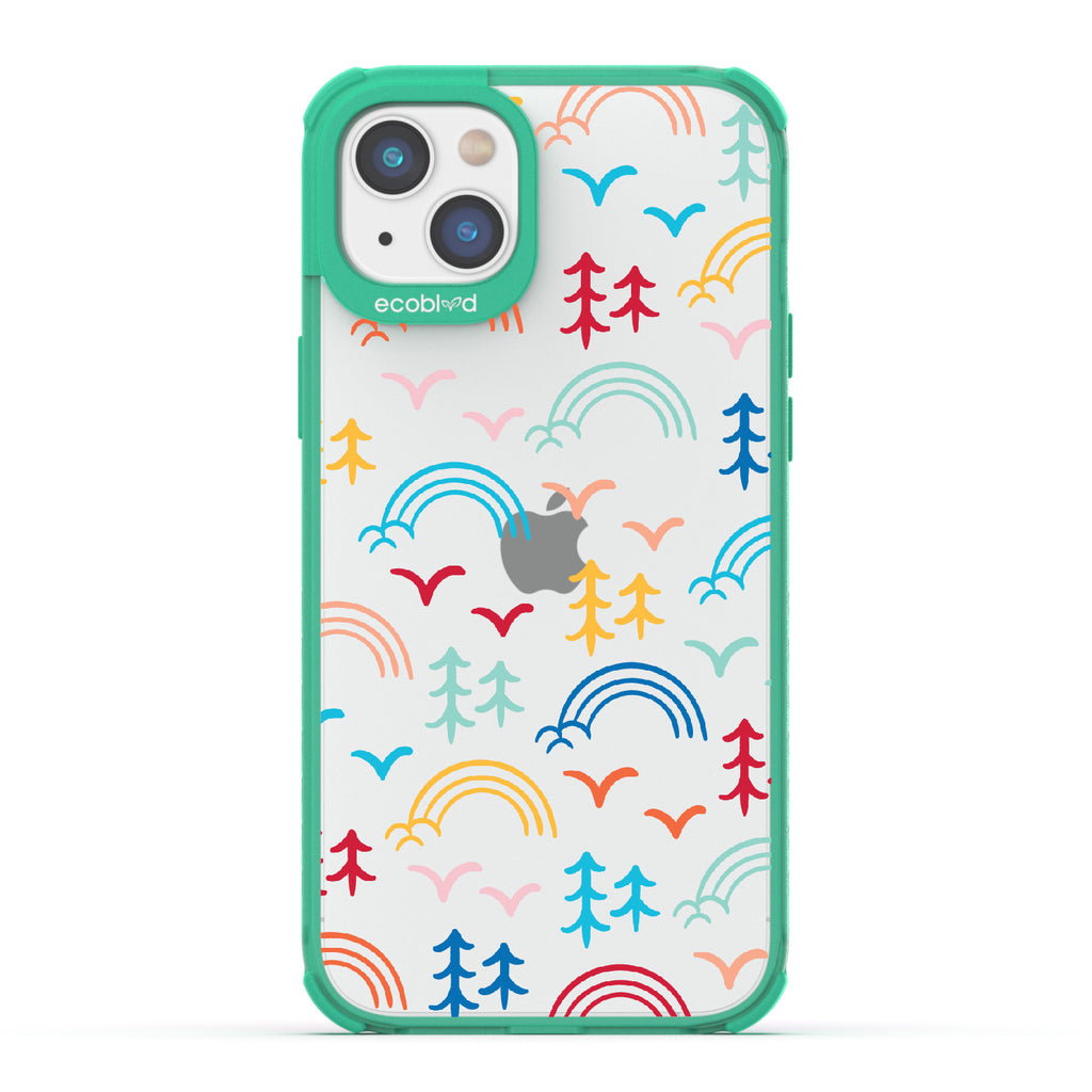 Happy Camper X Brave Trails - Green Eco-Friendly iPhone 14 Case with Minimalist Trees, Birds, Rainbows On A Clear Back
