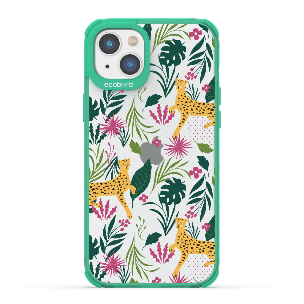 Jungle Boogie - Green Eco-Friendly iPhone 14 Plus Case With Cheetahs Among Lush Colorful Jungle Foliage On A Clear Back