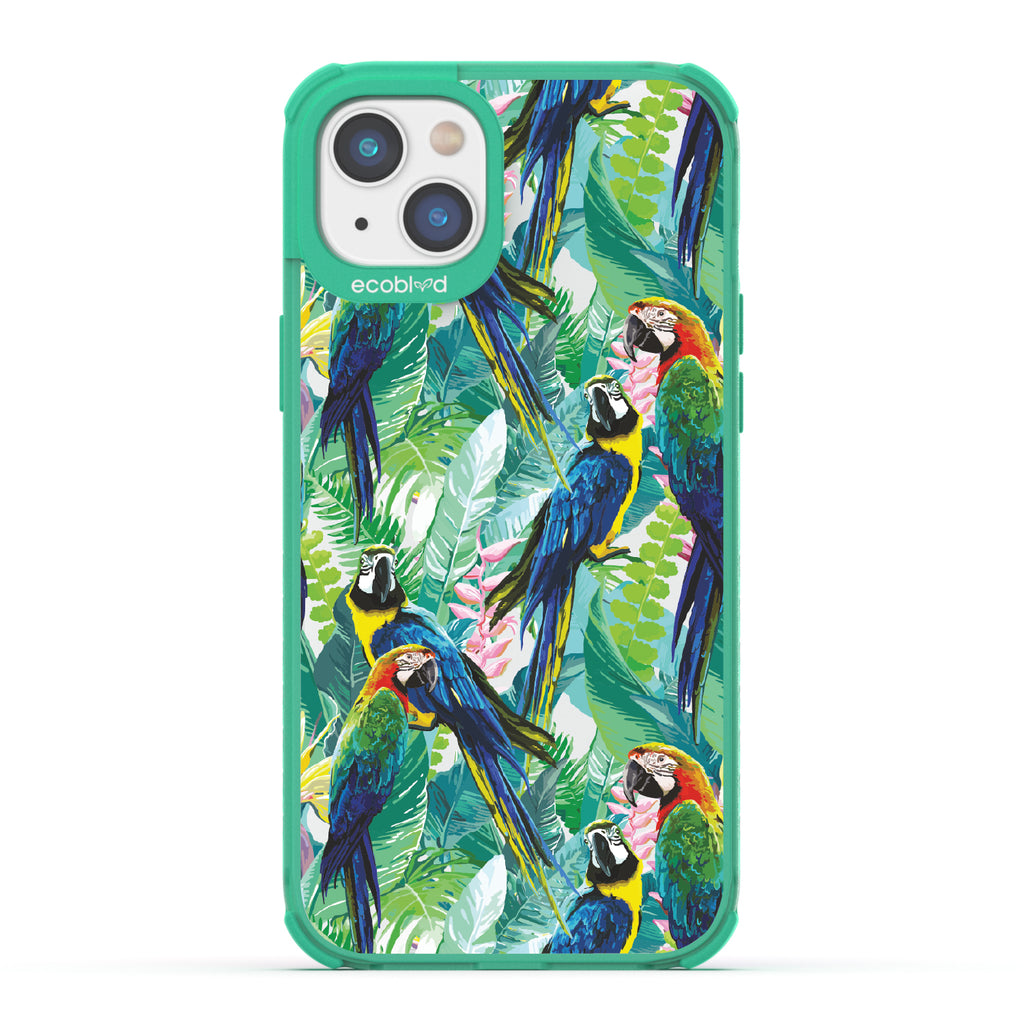 Macaw Medley - Green Eco-Friendly iPhone 14 Case With Macaws & Tropical Leaves On A Clear Back