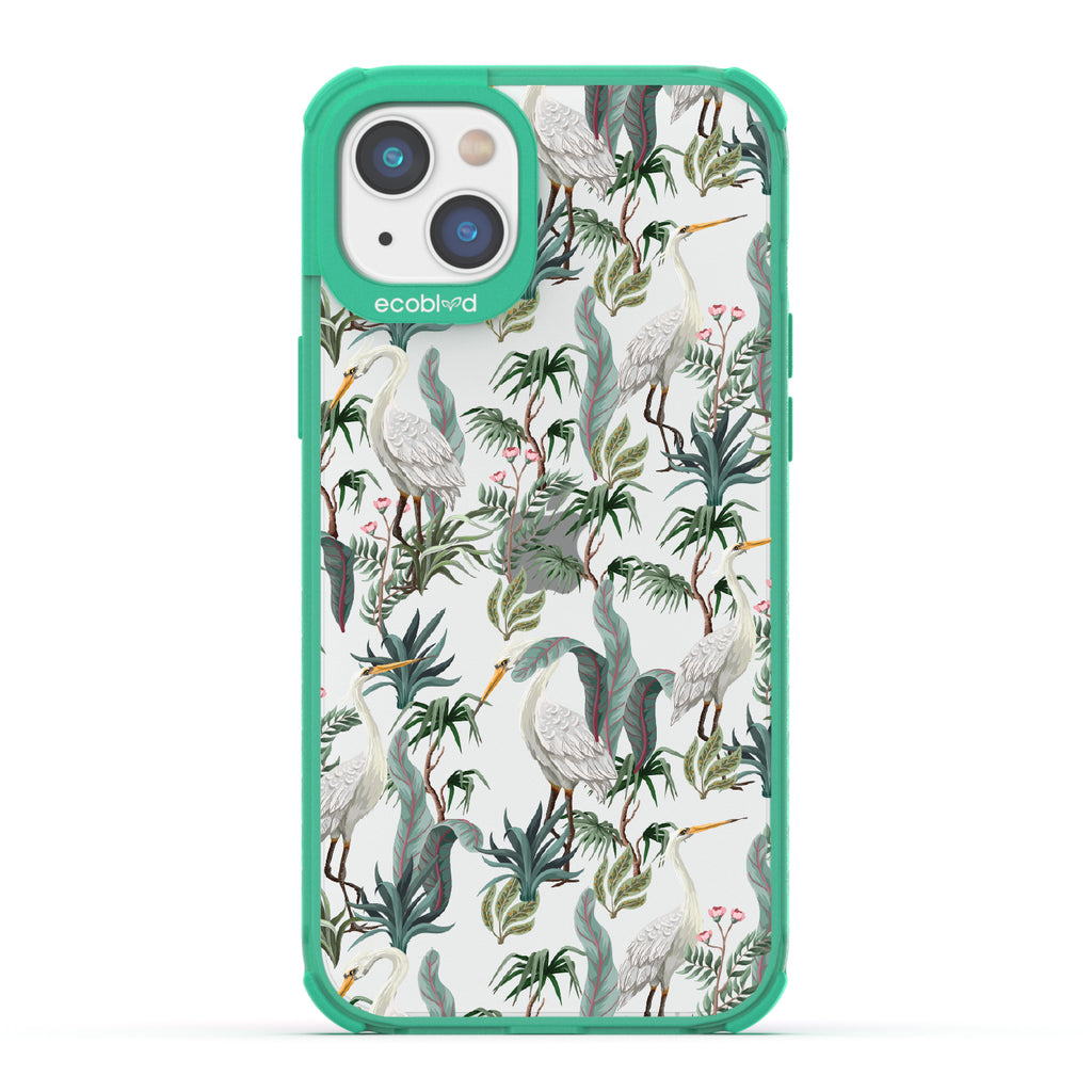 Flock Together - Green Eco-Friendly iPhone 14 Plus Case With Herons & Peonies On A Clear Back
