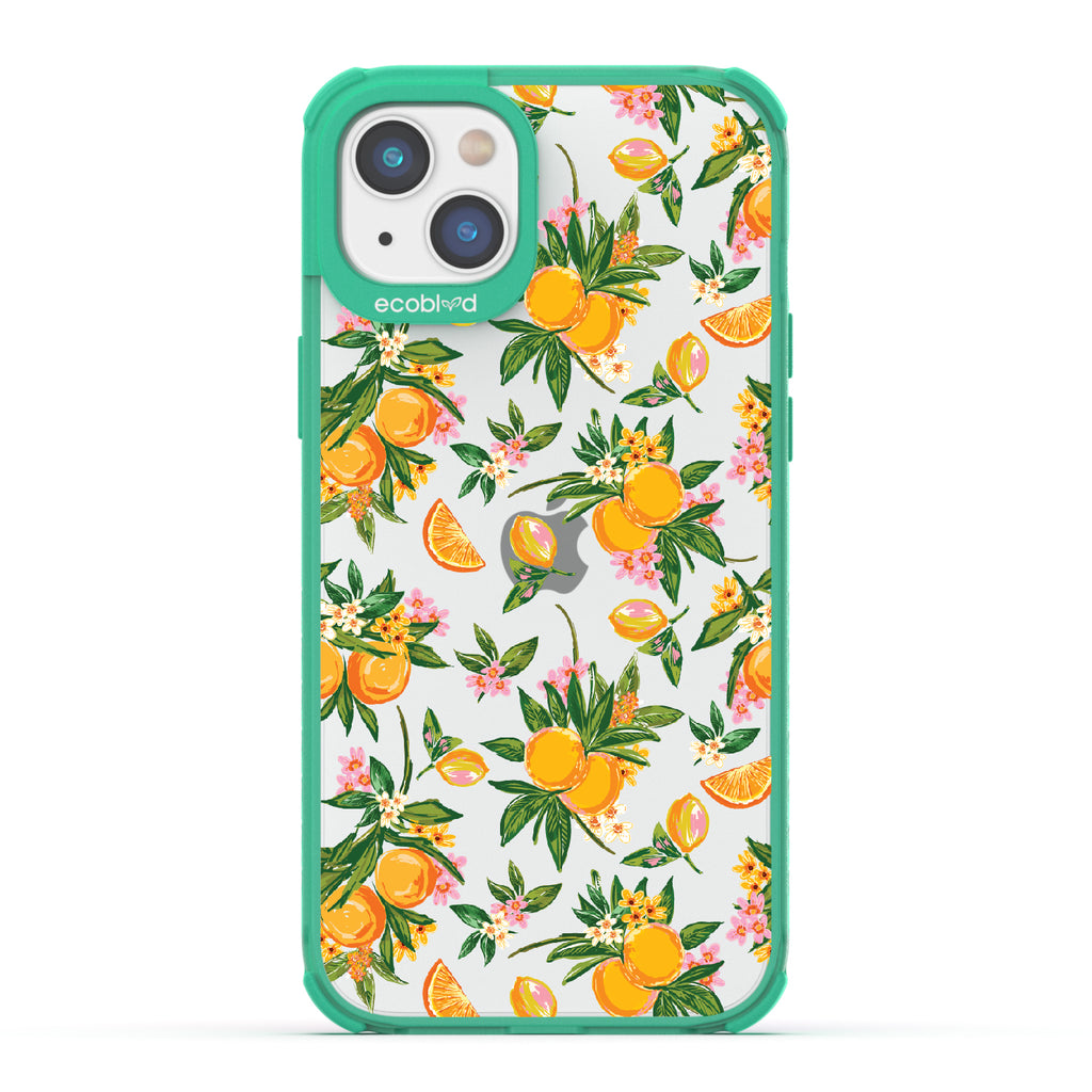 Orange Bliss - Green Eco-Friendly iPhone 14 Case With Oranges, Orange Slices and Leaves On A Clear Back