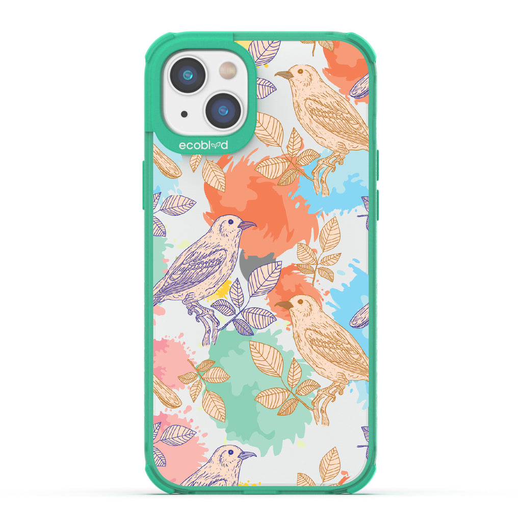 Perch Perfect - Green Eco-Friendly iPhone 14 Plus Case With Birds On Branches & Splashes Of Color On A Clear Back