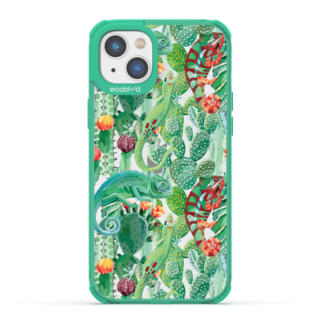 In Plain Sight - Green Eco-Friendly iPhone 14 Plus Case With Chameleons On Cacti On A Clear Back