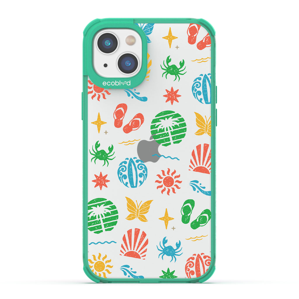 Island Time - Green Eco-Friendly iPhone 14 Plus Case With Surfboard Art Of Crabs, Sandals, Waves & More On A Clear Back