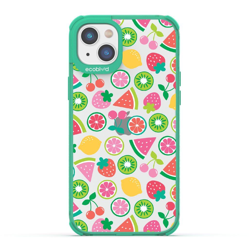 Juicy Fruit - Green Eco-Friendly iPhone 14 Case With Various Colorful Summer Fruits On A Clear Back
