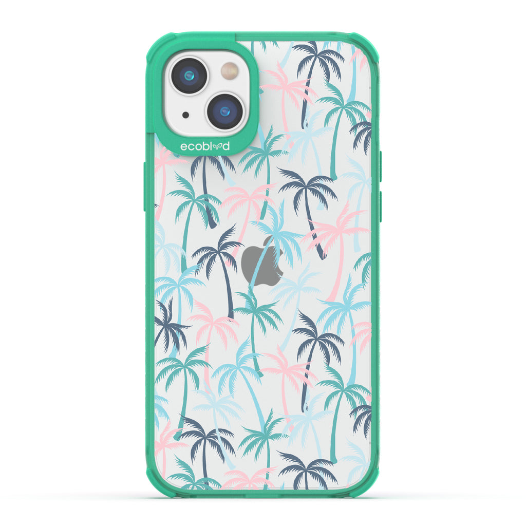 Cruel Summer - Green Eco-Friendly iPhone 14 Plus Case With Hotline Miami Colored Tropical Palm Trees On A Clear Back