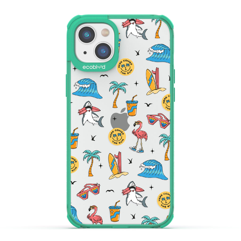 Here Comes The Sun - Green Eco-Friendly iPhone 14 Plus Case: Sunglasses, Surfboard, Waves & Beach Theme On A Clear Back