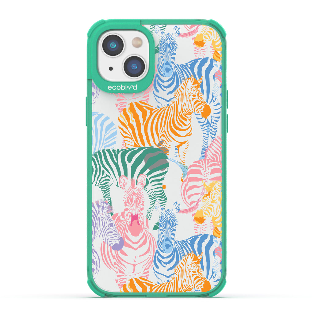 Colorful Herd - Green Eco-Friendly iPhone 14 Case With Zebras in Multiple Colors On A Clear Back