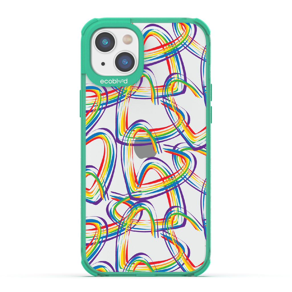 One Love - Green Eco-Friendly iPhone 14 Case With Brush Stroke Rainbow Hearts On A Clear Back