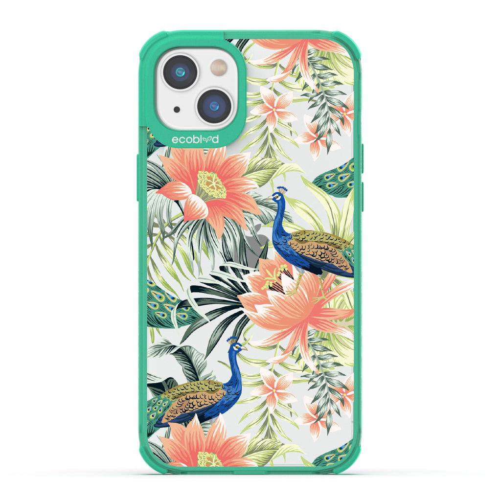 Peacock Palace - Green Eco-Friendly iPhone 14 Case With Peacocks + Colorful Tropical Fauna On A Clear Back