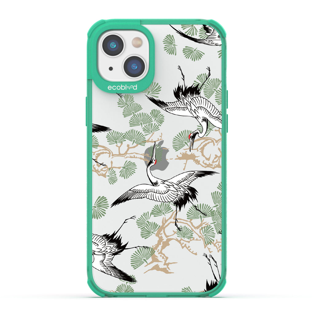 Graceful Crane - Green Eco-Friendly iPhone 14 Case With Japanese Cranes Atop Branches On A Clear Back