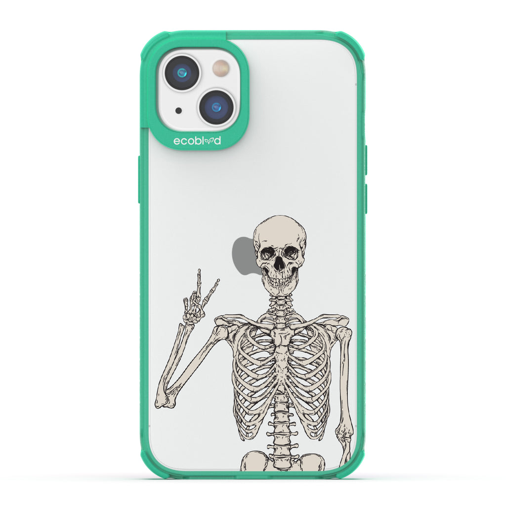Creepin' It Real - Green Eco-Friendly iPhone 14 Plus Case With Skeleton Giving A Peace Sign On A Clear Back