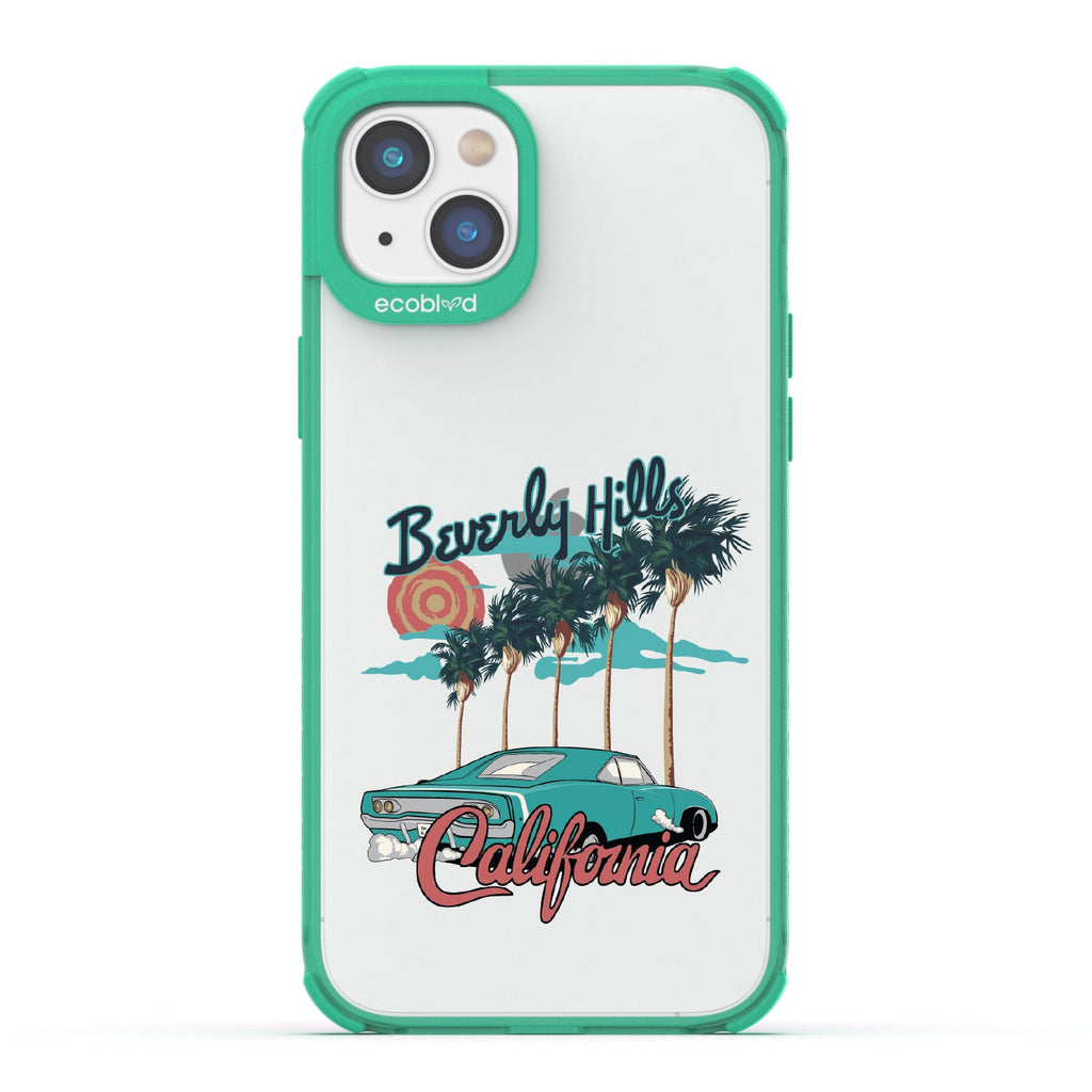 iPhone 16e, 14, 13 case, clear eco-friendly phone case with green ridges, back view, 90210 design