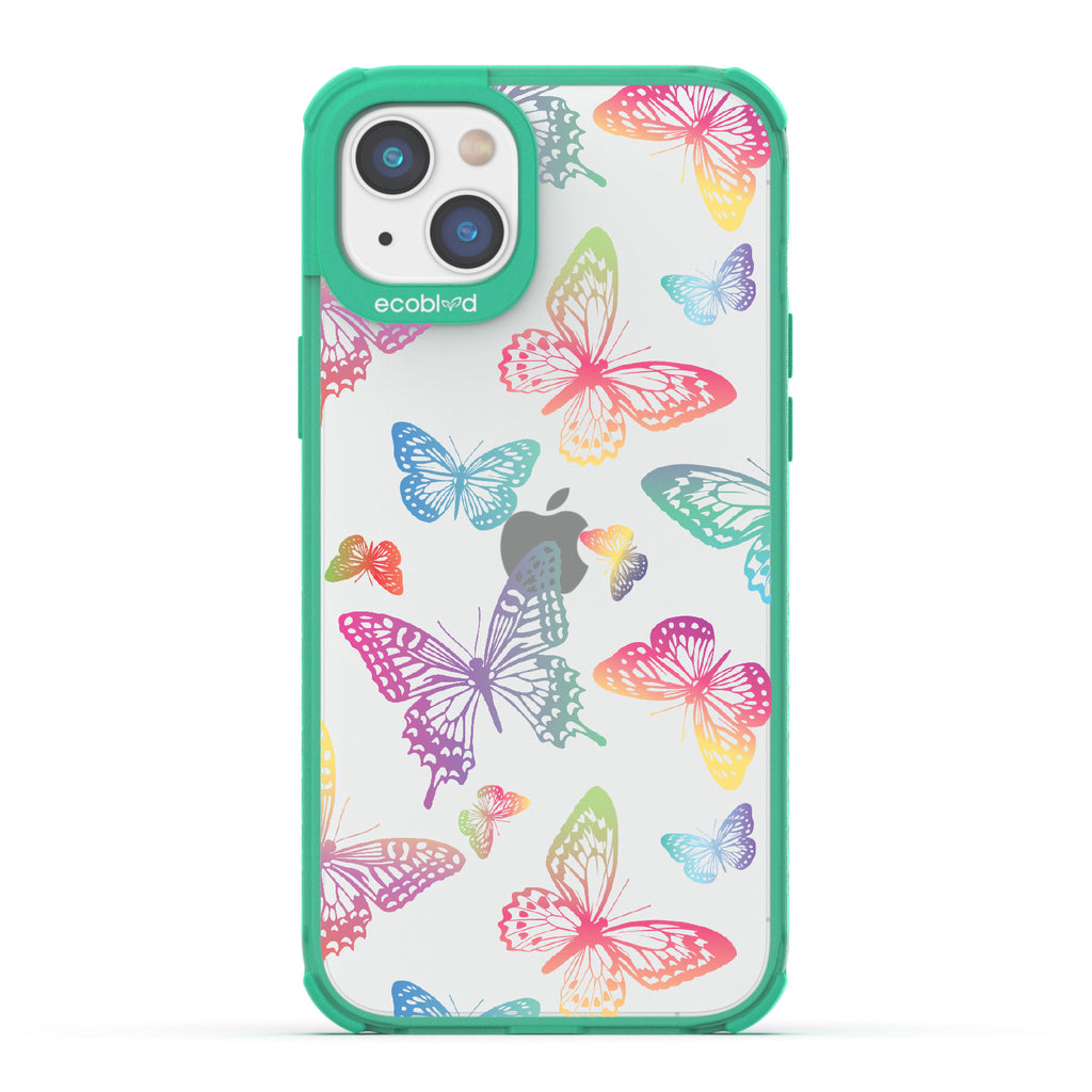 Butterfly Effect - Green Eco-Friendly iPhone 14 Case With Multi-Colored Neon Butterflies On A Clear Back