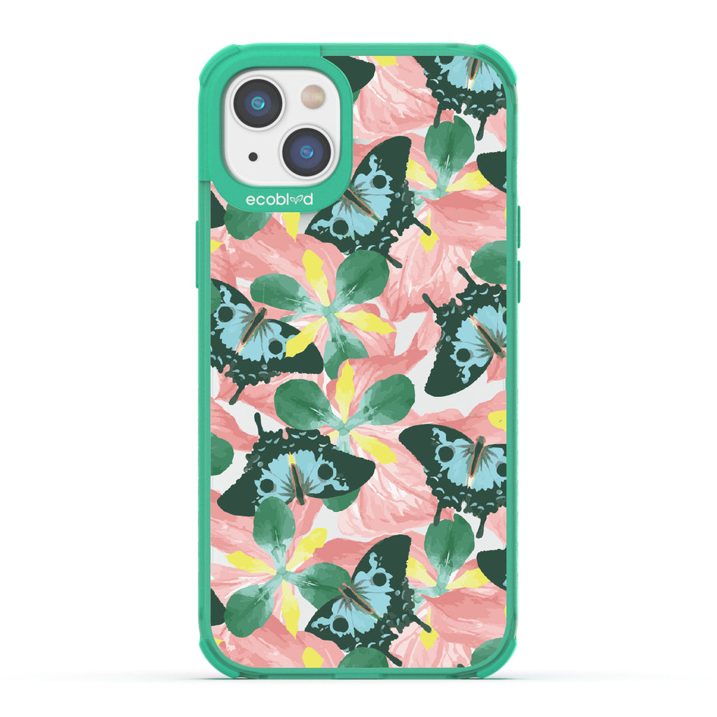 Fluttering Bouquet - Green Eco-Friendly iPhone 14 Case With Blue & Green Butterflies, Pink Florals On A Clear Back