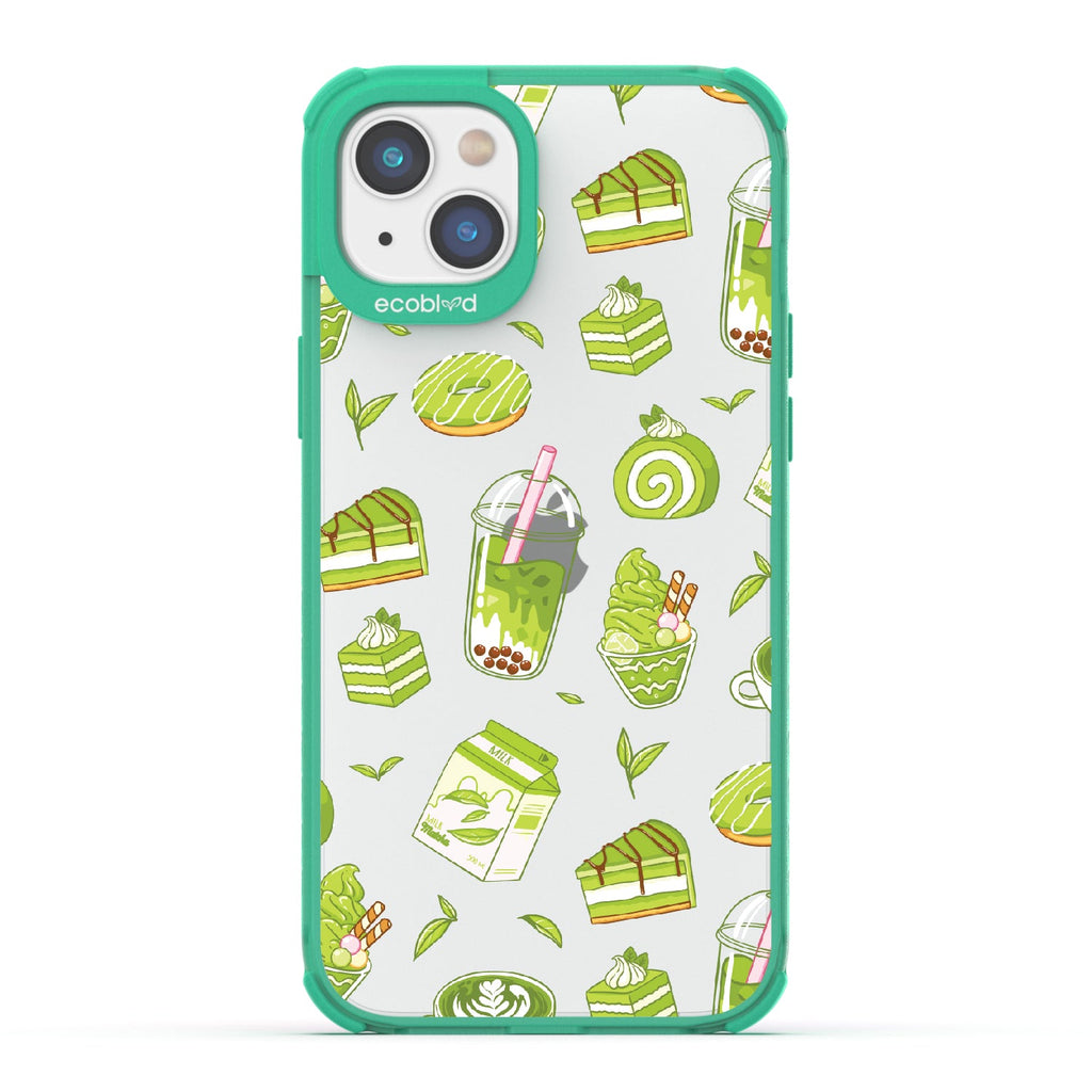 iPhone 16e, 14, 13 case, clear eco-friendly phone case with green ridges, back view, So Matcha More design