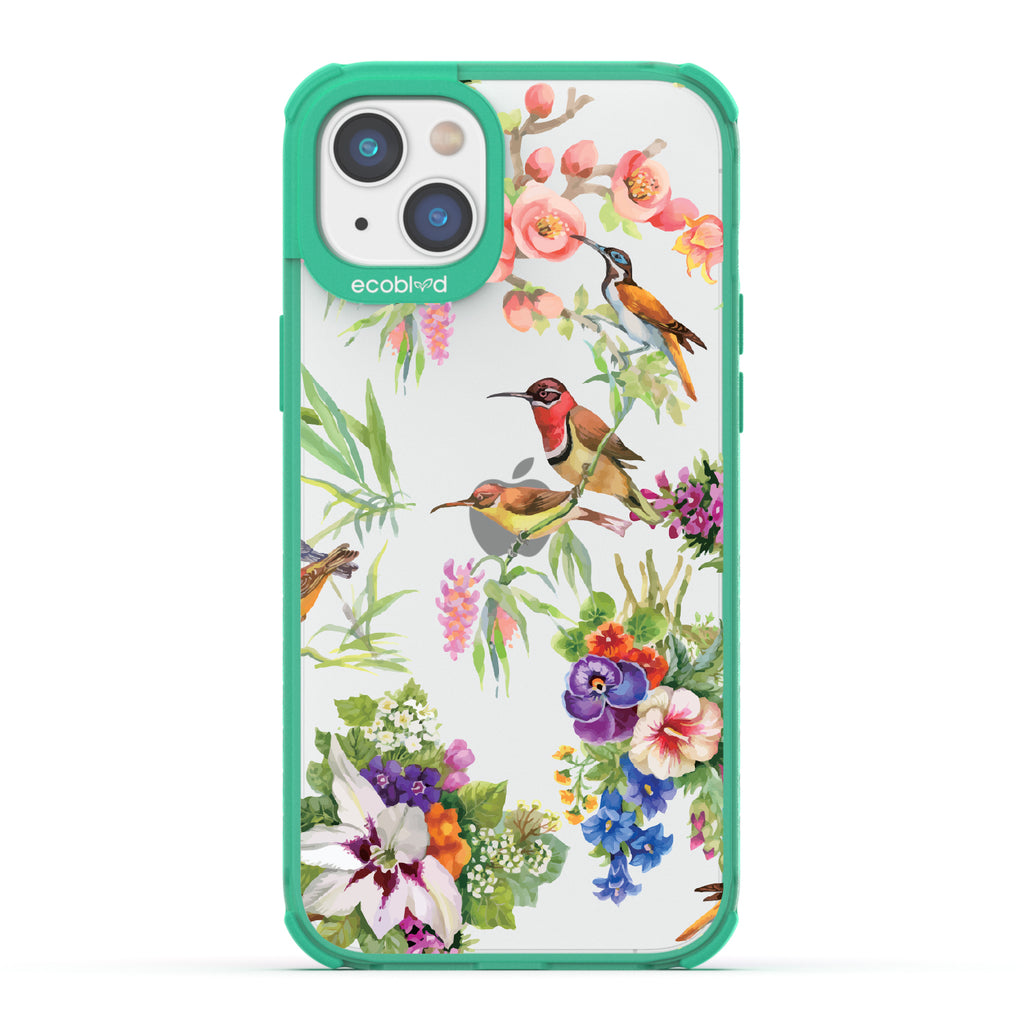 Sweet Nectar - Green Eco-Friendly iPhone 14 Plus Case With Humming Birds, Colorful Garden Flowers On A Clear Back