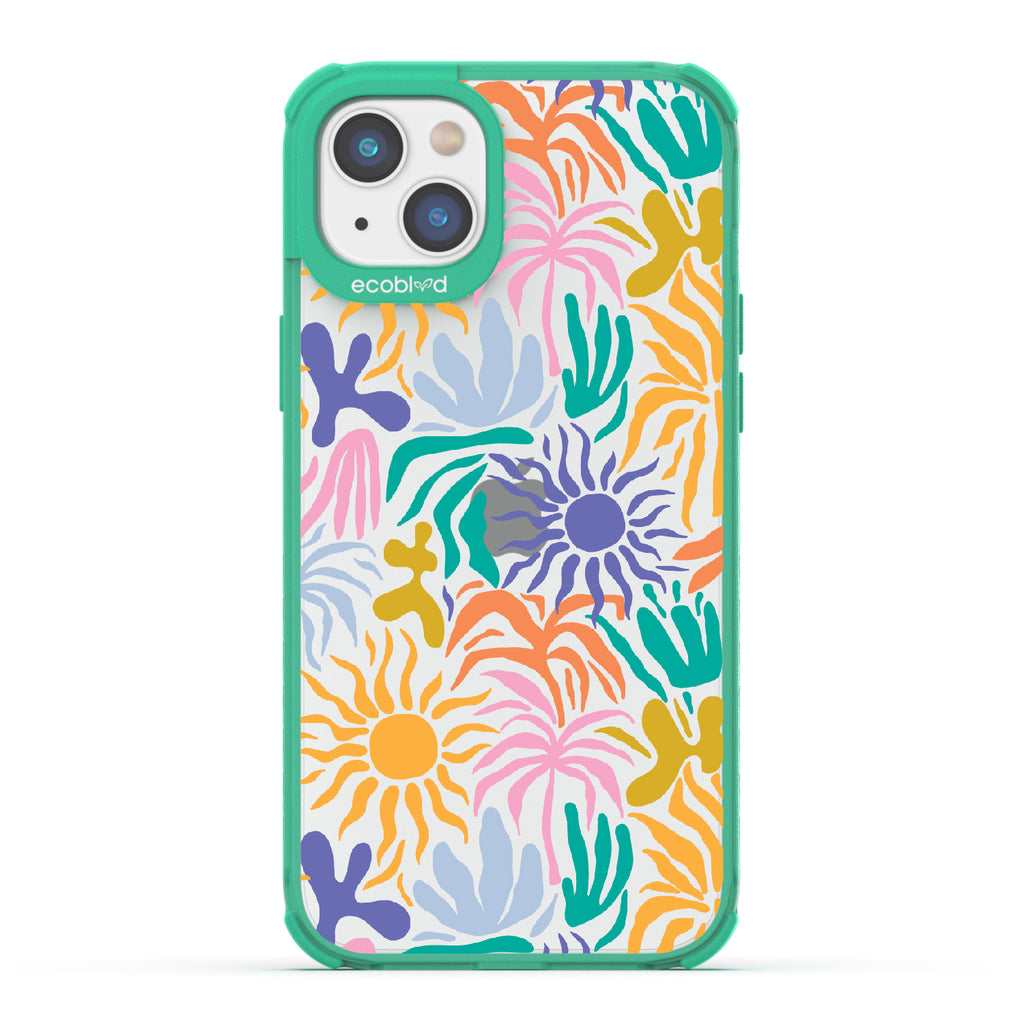 Sun-Kissed - Green Eco-Friendly iPhone 14 Case With Sunflower Print + The Sun As The Flower On A Clear Back