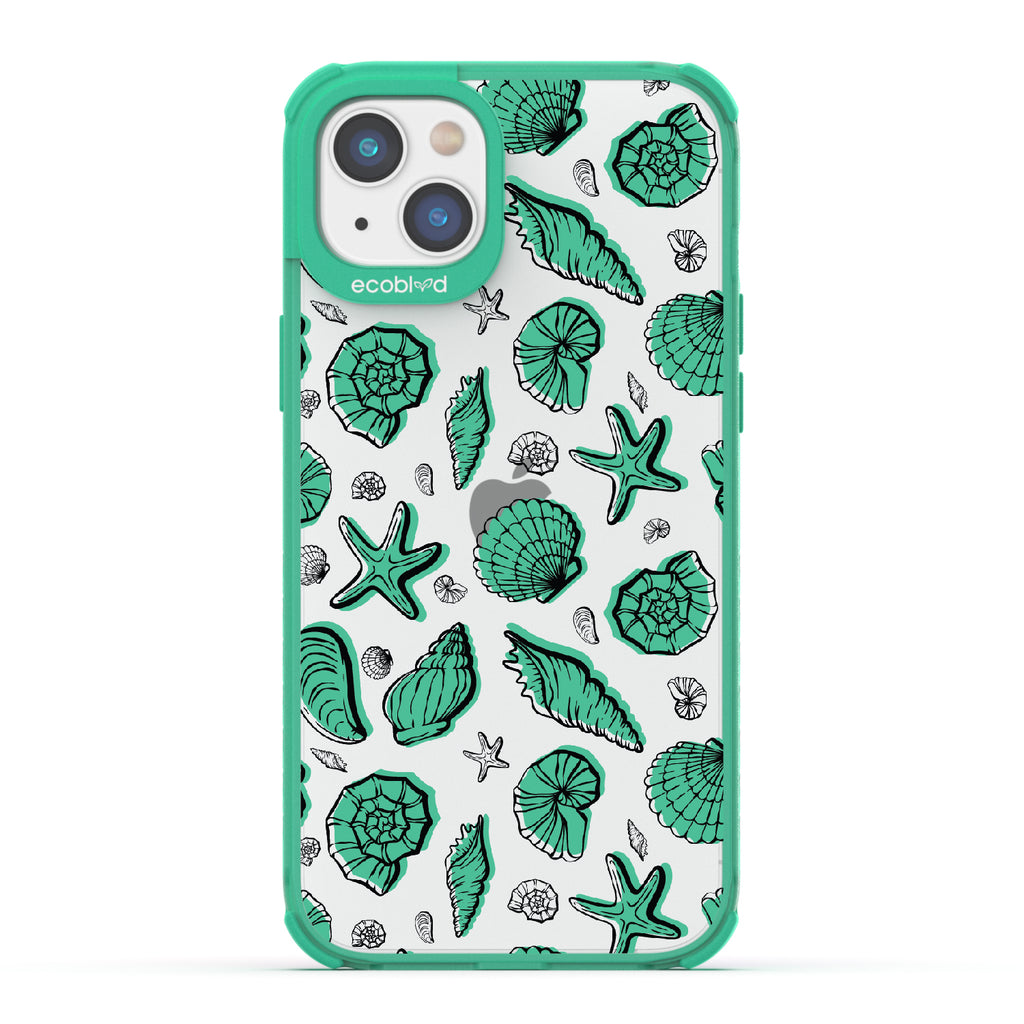 Seashells Seashore - Green Eco-Friendly iPhone 14 Plus Case With Seashells and Starfish On A Clear Back