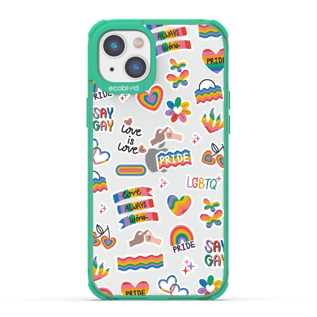 Loud And Proud - Green Eco-Friendly iPhone 14 Plus Case With Pride, Love Aways Wins + More Sticker-Like Prints On A Clear Back