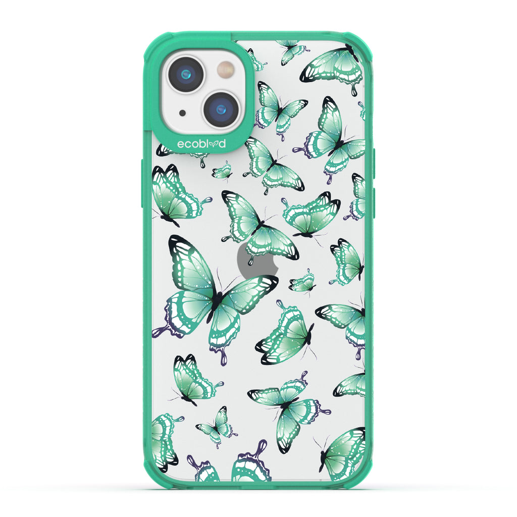Social Butterfly - Green Eco-Friendly iPhone 14 Plus Case With Green Butterflies On A Clear Back - Compostable
