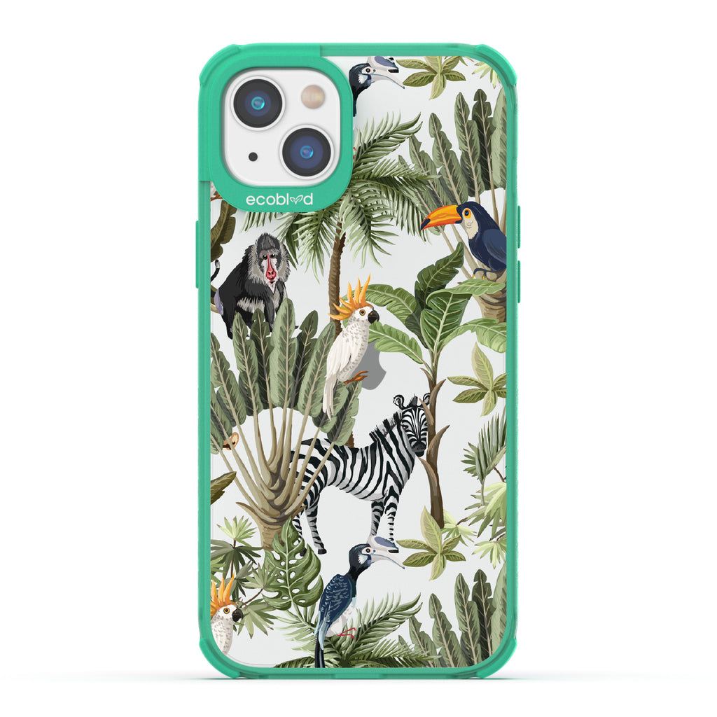 Toucan Play That Game - Green Eco-Friendly iPhone 14 Plus Case With Jungle Fauna, Toucan, Zebra & More On A Clear Back