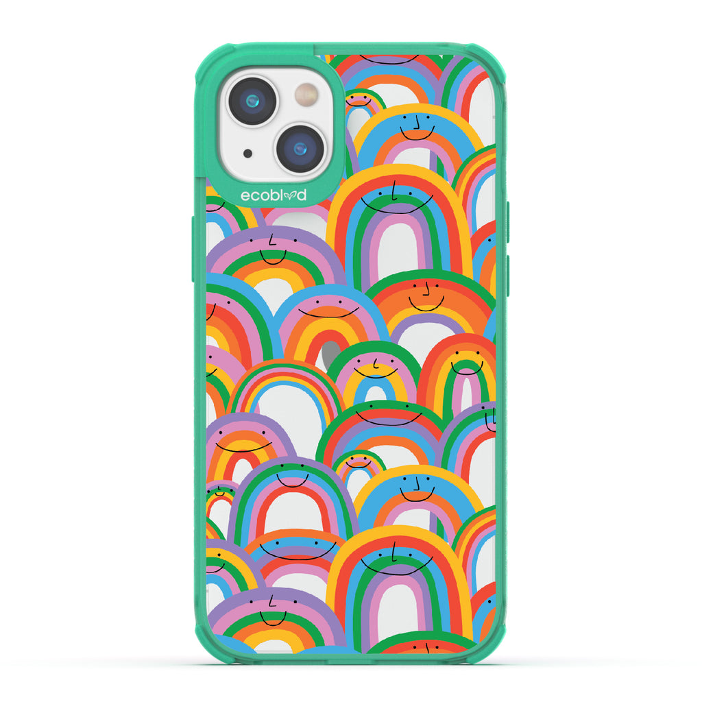 Prideful Smiles - Green Eco-Friendly iPhone 14 Plus Case With Rainbows That Have Smiley Faces On A Clear Back