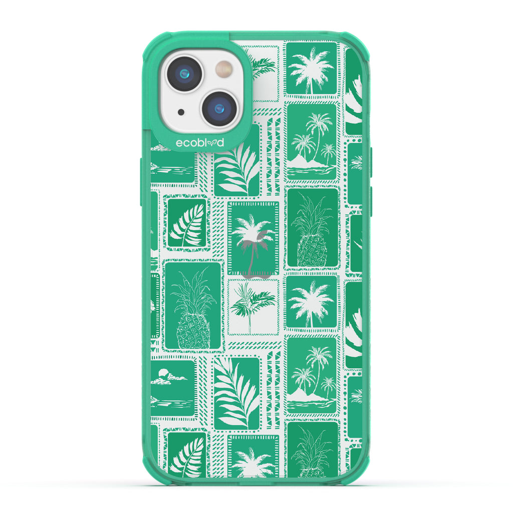 Oasis - Green Eco-Friendly iPhone 14 Plus Case With Tropical Shirt Palm Trees & Pineapple Print On A Clear Back