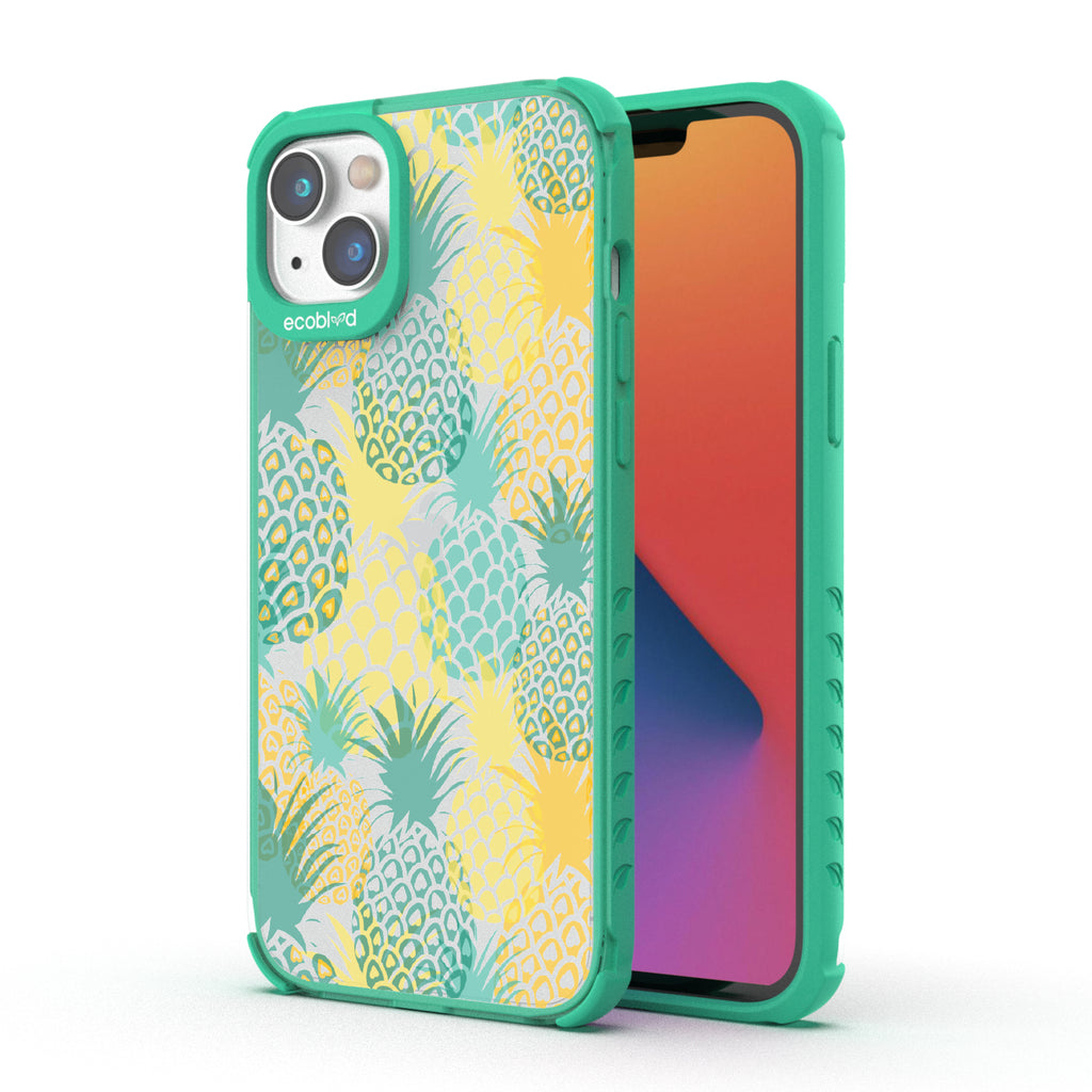 Pineapple Breeze - Back View Of Green & Clear Eco-Friendly iPhone 14 Case & A Front View Of The Screen
