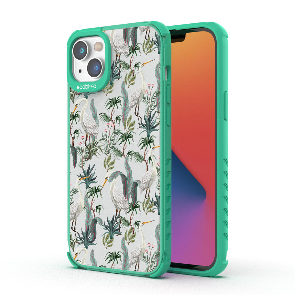 Flock Together - Back View Of Green & Clear Eco-Friendly iPhone 14 Plus Case & A Front View Of The Screen